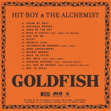 First image shows two stylized male figures walking one in white t-shirt and pants the other in dark jacket and pants positioned on top of a car interior depicted inside a large transparent bowl with large hands gripping the bowl from below on an orange background. Second image displays orange album cover with title HIT-BOY & THE ALCHEMIST in bold letters above tracklist including Doing My Best Show Me The Way Mick & Coley Risk For Me Groupie Love Moments Recent Improvement Drawing Much Bridges and God Is No Brakes below goldfish text and recording details Hit-Boy and The Alchemist presented by Goldfish ALC Surf Club recorded in Los Angeles and New York in 2024.