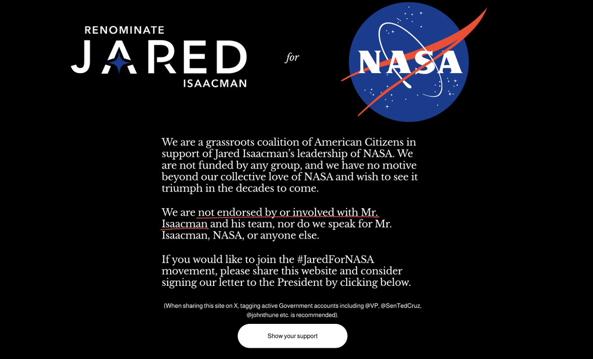 NASAWatch's tweet image. Looks like there are some @rookisaacman fans out there doing a #JaredForNASA renomination thing at jaredfornasa.org @NASA #NASA