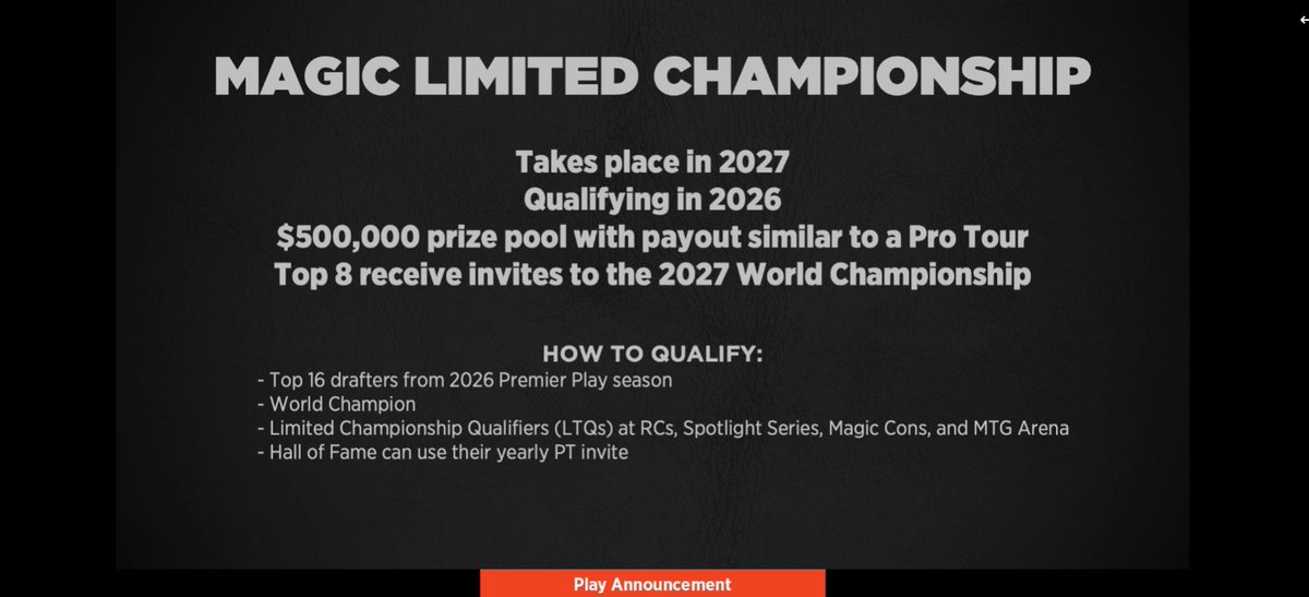 Wotc just announced a new play program  

- in 2027 Wotc will host a MTG Limited Championship (similar size to PT)  

- 500k prize pool

- top8 qualifes for Worlds

- You can start qualifying from 2026 through PTs, Spotlight Series, Magic Cons and MTG Arena.  Looks pretty good!