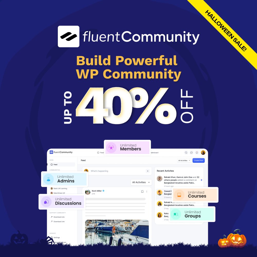 FluentCommunity's tweet image. Halloween Deal Alert! 👻 
Don’t get tricked by overpriced platforms. Get treated with up to 40% OFF on FluentCommunity!  Build your online community right inside WordPress.  

Deal link in the comments!  
#FluentCommunity #Halloween #Halloween2025