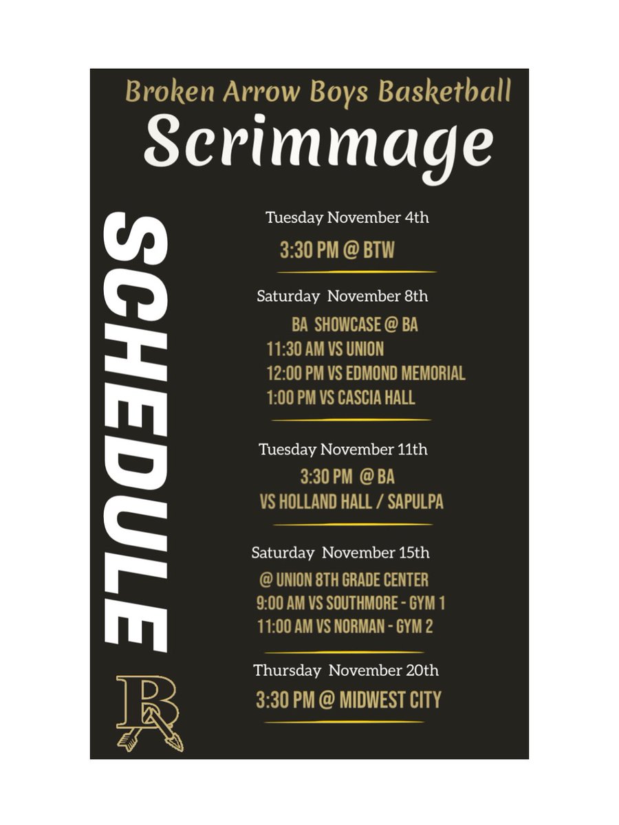 Updated scrimmage schedule for <a href="/Aidan_Clark22/">Aidan Clark</a> and the <a href="/BATigersBBall/">Broken Arrow Tigers Boys' Basketball</a>