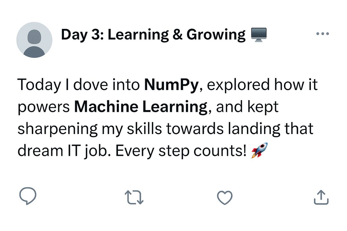 karunakar_kv_10's tweet image. Day 3: I learned NumPy today!
Understanding that it's the backbone for high-performance numerical computing in Python—critical for efficient data handling in ML projects. No more slow lists!
#ITJobs #DevCommunity #softwaredevelopers #technology