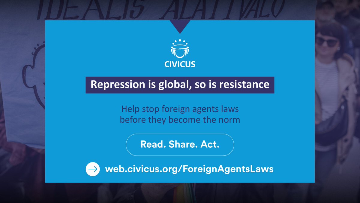 Repression is going global, but so is resistance.

Civil society is pushing back, demanding the right to organise freely and hold power to account.

✊ Read, share and act to defend civic space.
web.civicus.org/ForeignAgentsL…

#CivilSociety #HumanRights #CivicSpace #ForeignAgents