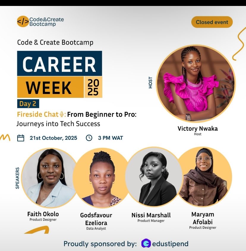 safiyyahmuha's tweet image. ✨Day 2 was packed with such an insightful session with so many great lessons:visibility, and a strong personal brand in tech.I learned that success isn’t just about technical skills, it’s also about believing in yourself, showing up, and growing withothers.#CodeandCreateBootcamp