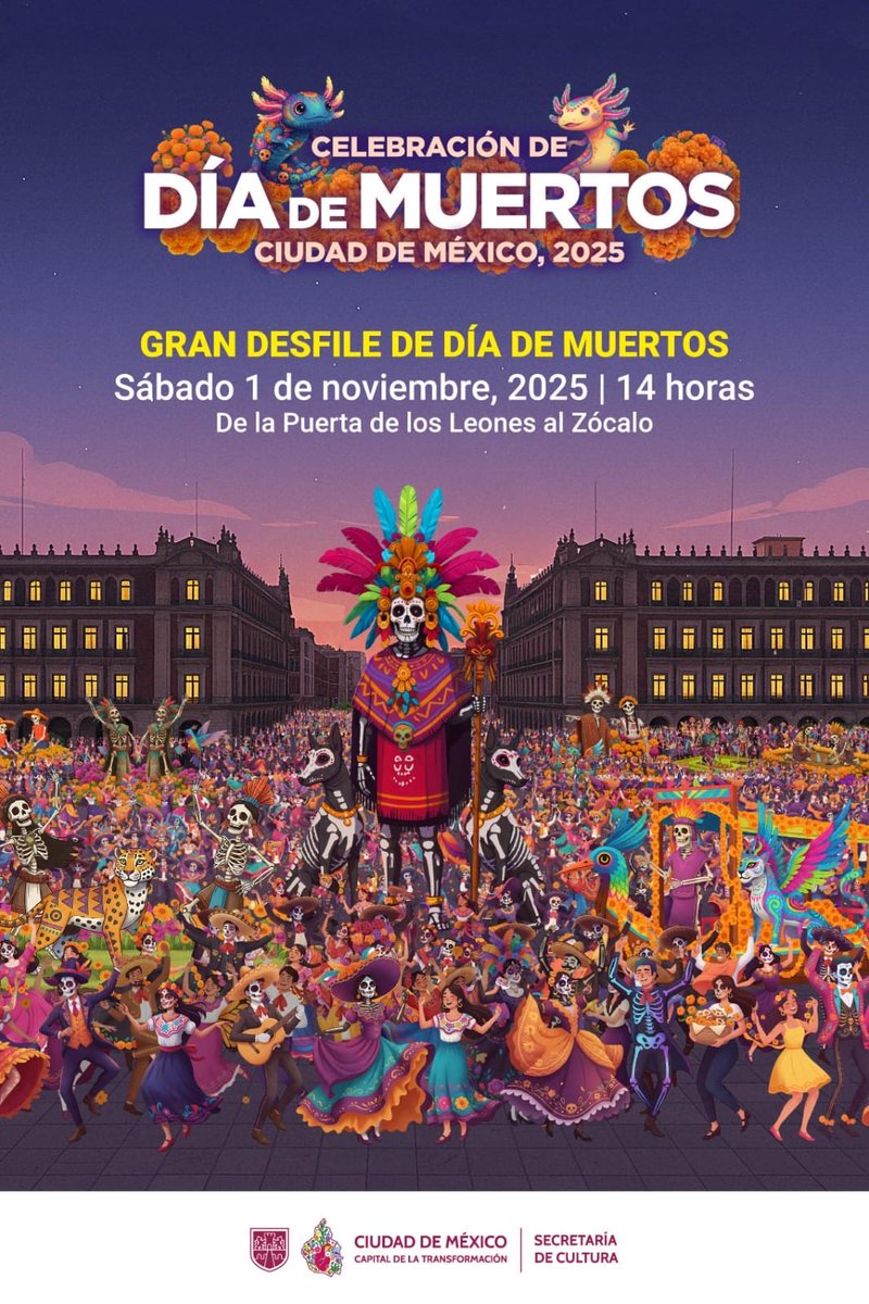Celebremos la vida en el #DesfileDeDíaDeMuertos2025. 🪅💀

El <a href="/GobCDMX/">Gobierno de la Ciudad de México</a>, a través de la Secretaría de <a href="/CulturaCiudadMx/">Secretaría de Cultura de la Ciudad de México</a>, te invita a festejar el #DíaDeMuertos2025 entre carrozas monumentales, catrinas, danza, comparsas, colores, alegría y más. 🏵💫

📆  1 de noviembre a las 14:00