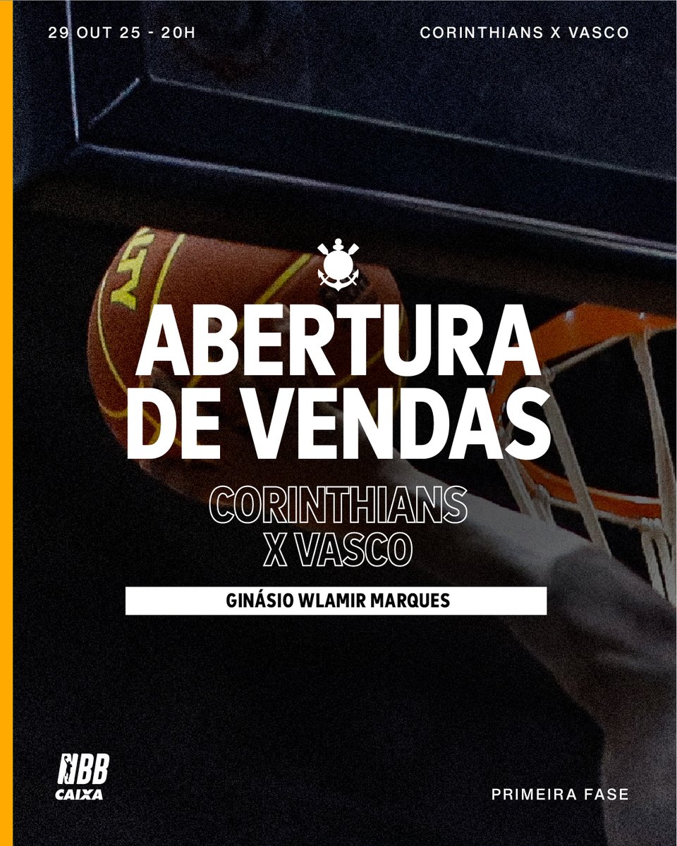 corinthiansbskt's tweet image. INGRESSOS PARA O NBB! 🏀
O Sport Club Corinthians Paulista anuncia a venda de ingressos e a recepção do público no Ginásio Wlamir Marques, no Parque São Jorge, para a partida contra o Vasco, válida pela terceira rodada do NBB , na data 29/10, quarta-feira.