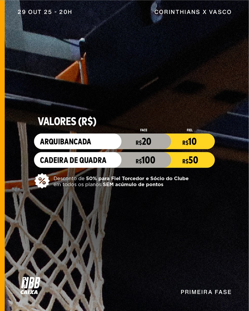 corinthiansbskt's tweet image. INGRESSOS PARA O NBB! 🏀
O Sport Club Corinthians Paulista anuncia a venda de ingressos e a recepção do público no Ginásio Wlamir Marques, no Parque São Jorge, para a partida contra o Vasco, válida pela terceira rodada do NBB , na data 29/10, quarta-feira.