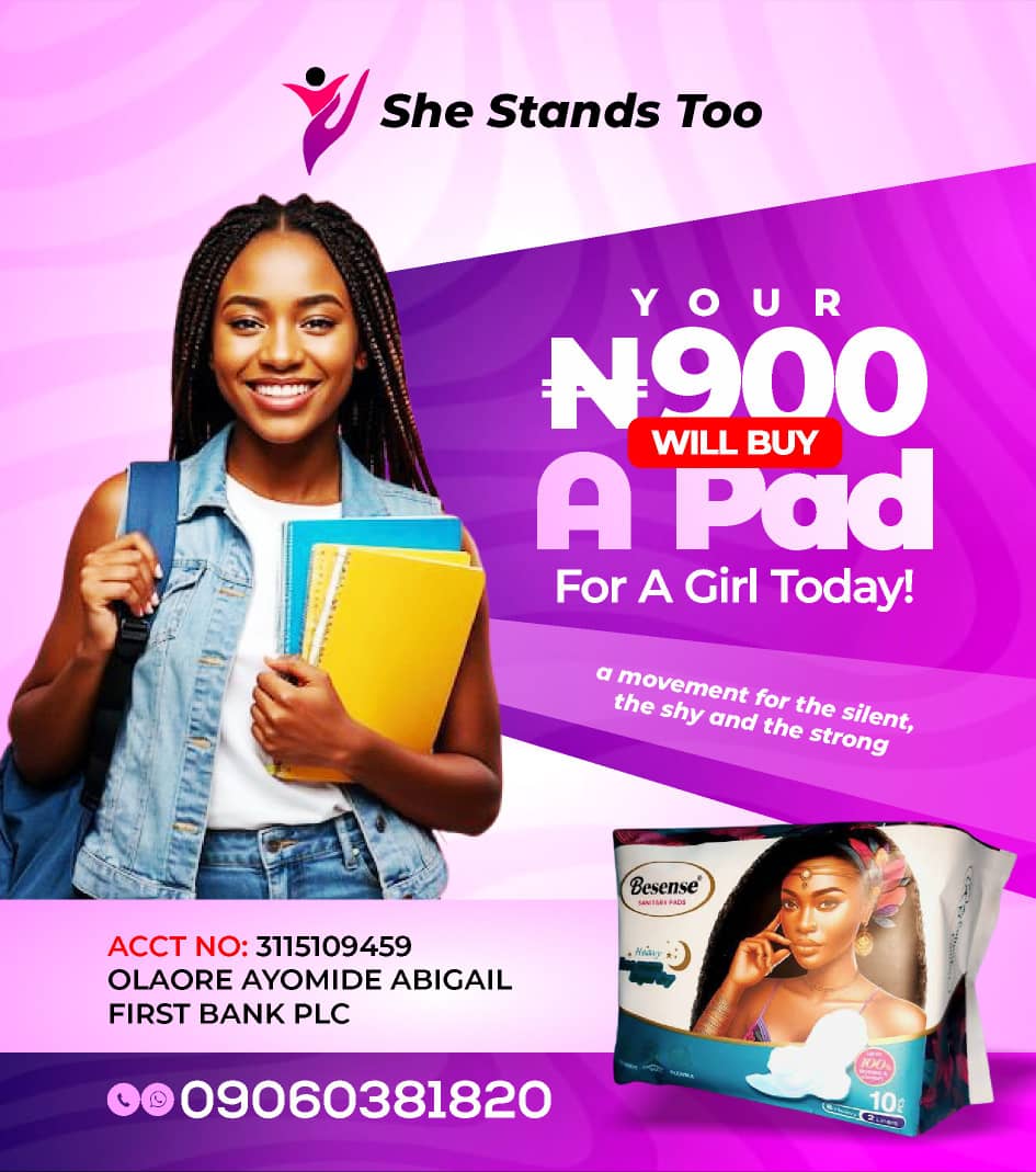 ___ayomie's tweet image. Your donation can change a story.
Support the She Stands Too Pad Drive and help us reach more girls and women in need. 
#SheStandsToo #PadForAll 
@shestandstoo
