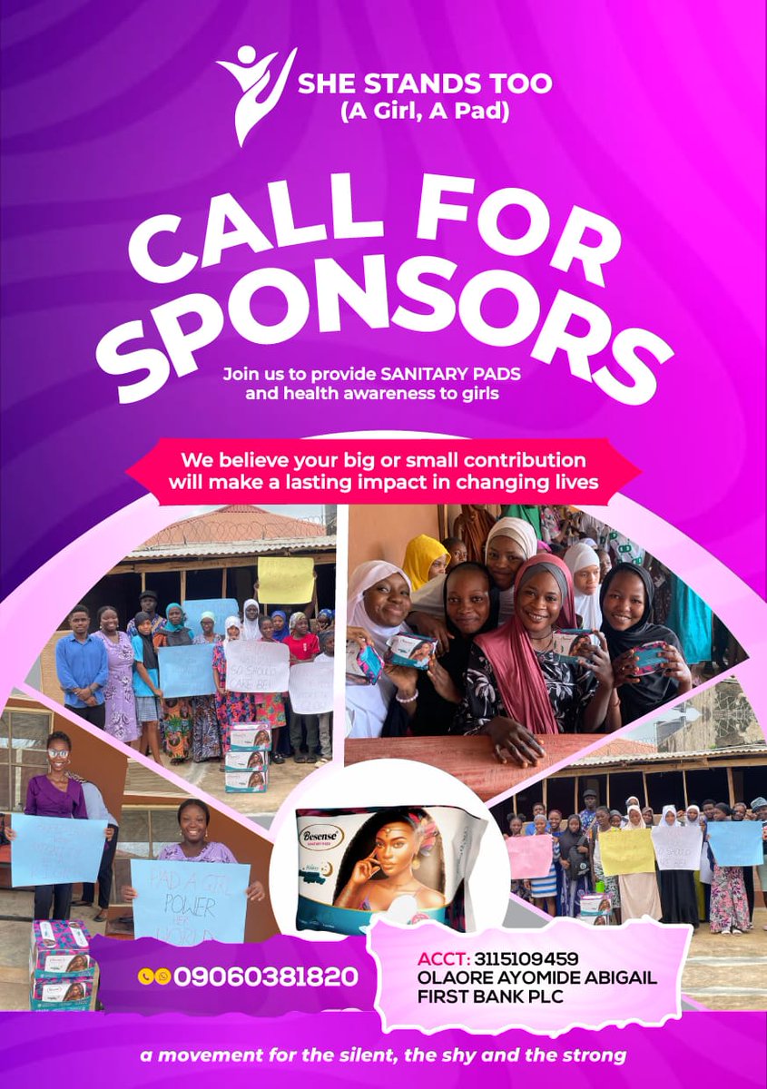 ___ayomie's tweet image. Your donation can change a story.
Support the She Stands Too Pad Drive and help us reach more girls and women in need. 
#SheStandsToo #PadForAll 
@shestandstoo