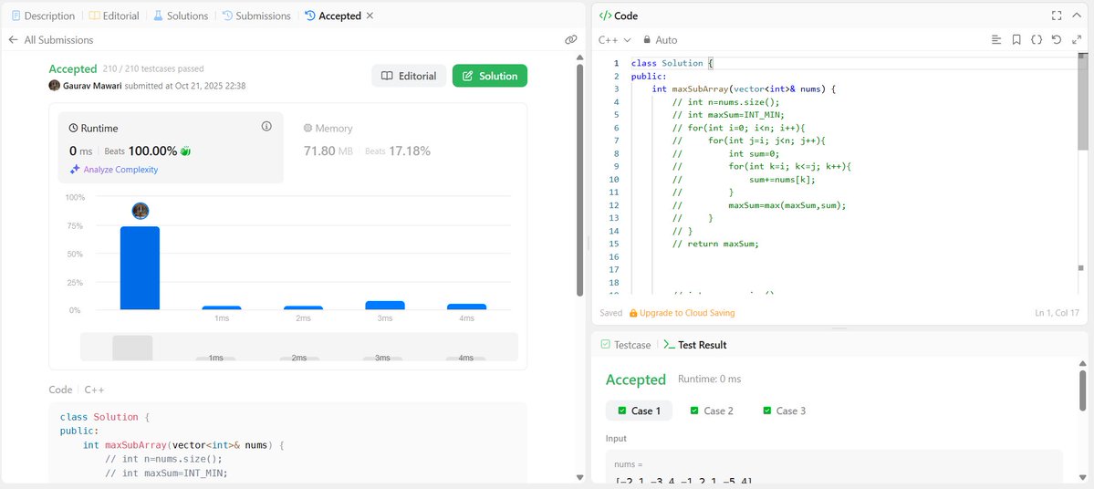 gauravmawari18's tweet image. 🌟 Day 211/∞ 🚀
Solved Maximum Subarray ⚡
💡 Applied Kadane’s Algorithm to find the maximum sum subarray.
Time Complexity: O(n) | Space: O(1) — pure dynamic brilliance 💪
#LeetCode #DSA #DynamicProgramming #CodeEveryday #KeepCoding #100DaysOfCode