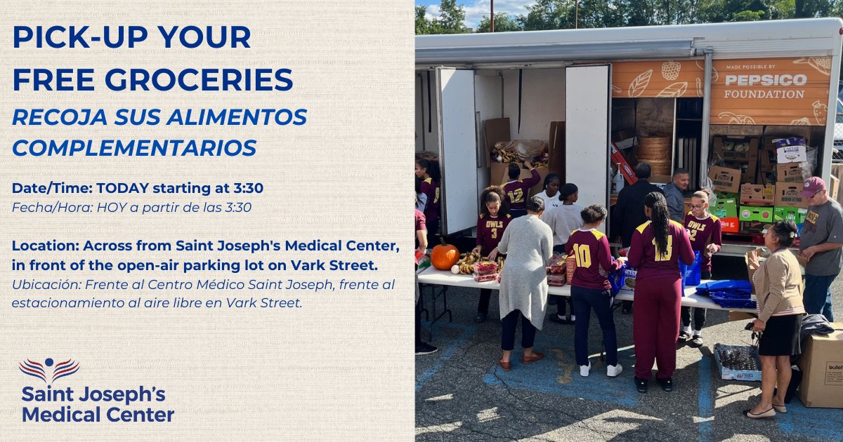 Taking place TODAY at 3:30 pm, join Saint Joseph's Medical Center and @feedingwestchester as we host our monthly mobile food distribution! @cityofyonkers 🍎🥕 #HereForYou