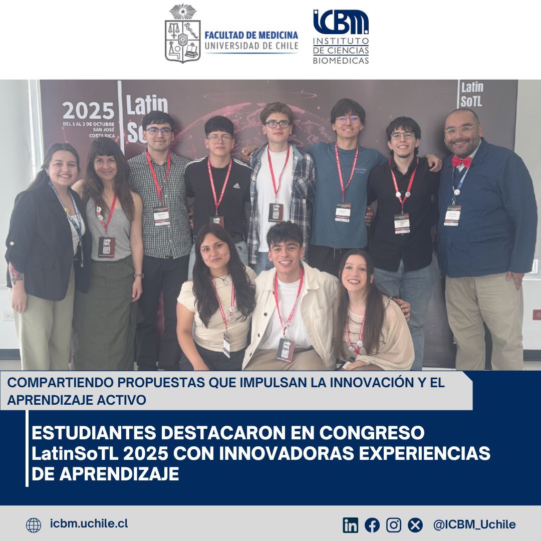 Estudiantes de la Facultad de Medicina participaron en el Congreso #LatinSoTL2025 con proyectos que integran IA y aprendizaje colaborativo, fortaleciendo la innovación pedagógica en ciencias de la salud. 
#UChile #ICBM