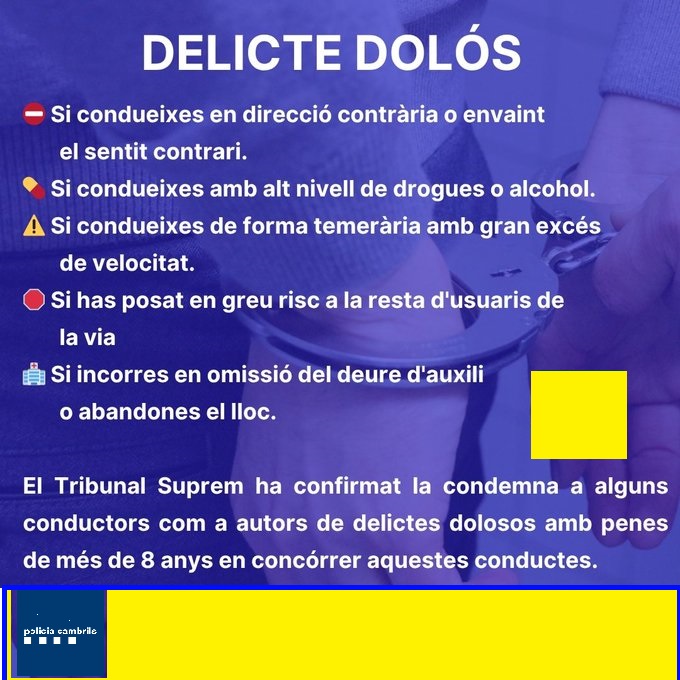 PoliciaCambrils's tweet photo. ⚠️Sabies que es pot anar a la presó si es causa un sinistre viari amb morts o lesionats greus ?
Els Tribunals han condemnat a alguns autors de DELICTES dolosos amb penes de + 8 anys .
Dona un cop d'ull 👁️⬇️⬇️
@StopAcciCat @Ponle_Freno https://t.co/80P5NqFB1a