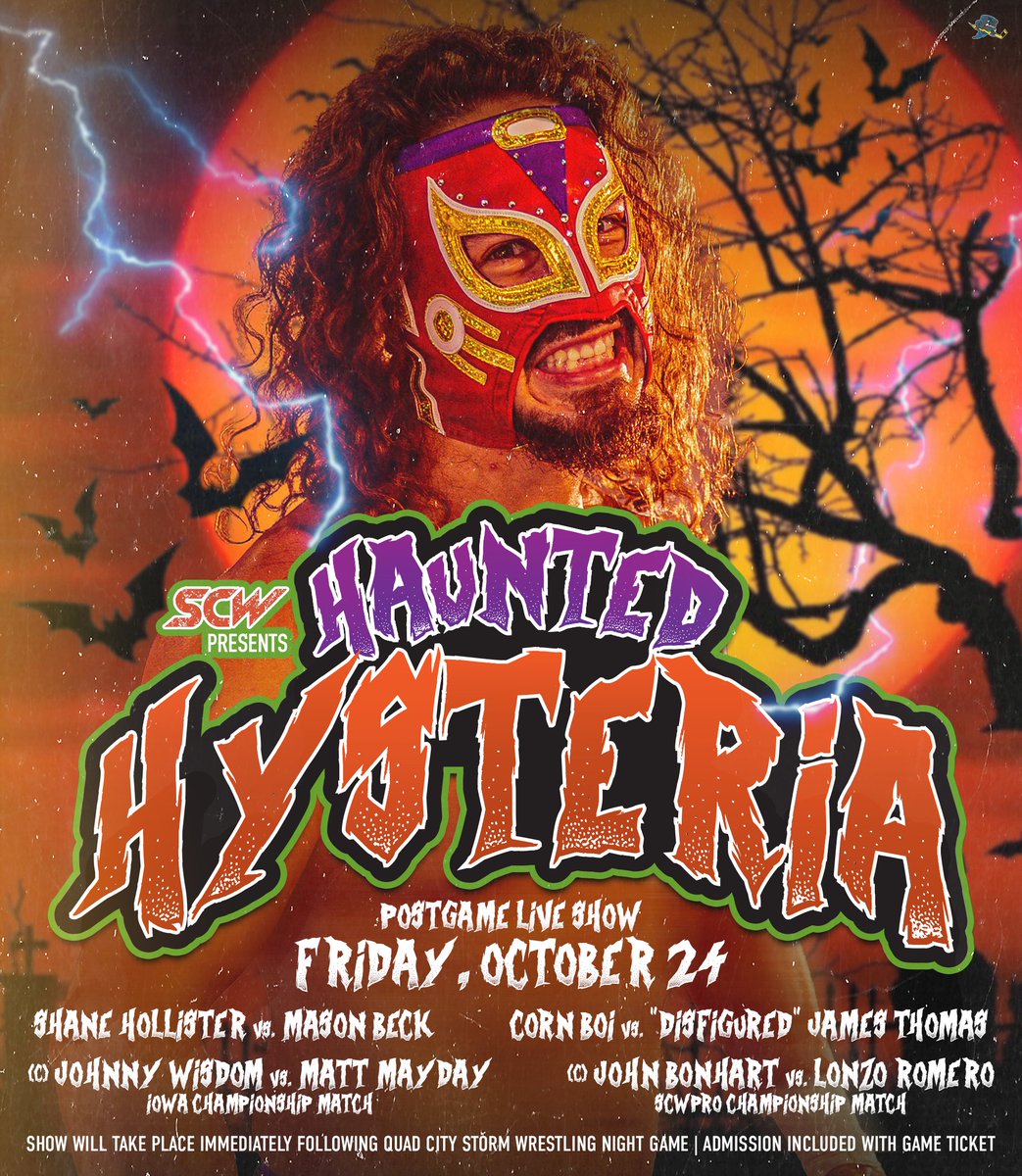 Bringing the haunting hard-hitting, high flying action of <a href="/SCWPro/">SCWPro</a> to Vibrant Arena on Friday Night‼️

4️⃣ matches, 2️⃣ titles on the line - You won't want to miss this! Haunted Hysteria admission is FREE with your Wrestling Night game ticket

🎟️ bit.ly/QCSWrestlingNi…

#TakeCover