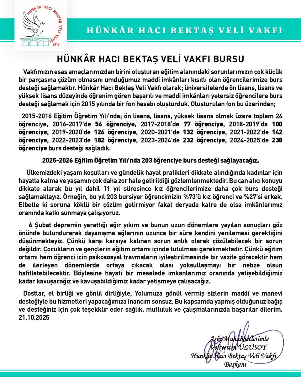 Hünkâr Hacı Bektaş Veli Vakfı olarak, 2025-2026 eğitim-öğretim yılında 203 öğrenciye düzenli bir şekilde burs desteği sağlayacağız. Katkı ve destek sunan bütün dostlara teşekkürler.