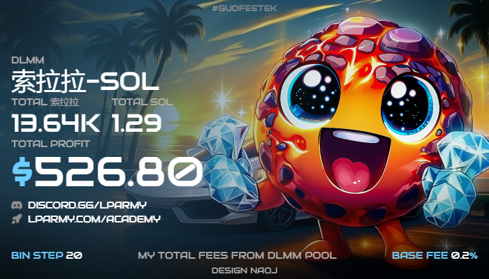 Meteora의 英雄拉-SOL DLMM 풀에서 0.2% 기본 수수료로 $526.80 이익을 보여주는 스크린샷