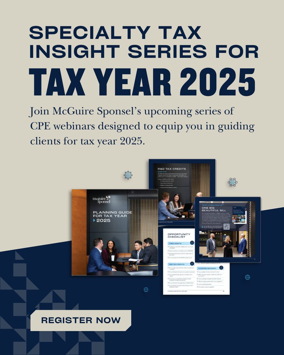 📢 We’re excited to announce the launch of our Specialty Tax Insight Series for Tax Year 2025 — an 8-part #CPE webinar series designed to help you plan ahead with clarity and confidence. Our first session kicks off tomorrow!

Register now: bit.ly/3KYFGzf

#TaxPlanning
