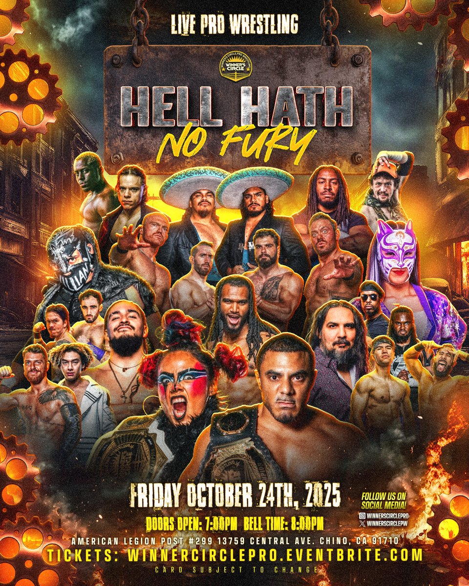 🚨 ON SALE NOW!! 🚨

<a href="/WinnersCirclePW/">Winner's Circle Pro-Wrestling</a>: "Hell Hath No Fury"
Friday, October 24 in Chino, CA
American Legion Post #299

winnercirclepro.eventbrite.com
🎟️ Front Row $30 (3 LEFT!!) | 🎟️ GA $25