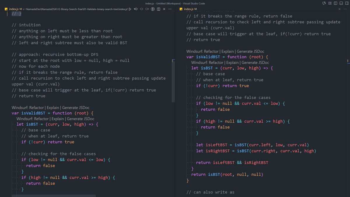 1amWaziR's tweet image. 🚀 Day 123 #200DaysOfDSA

Today I revised Binary Search Trees &amp;amp; validating BSTs using recursion + range constraints

Solved:
✔️ 98. Validate BST
Focus: recursion flow, top-down constraints, clean base cases

Big thanks to @akshaymarch7

#DSA #JavaScript #BST #ProblemSolving