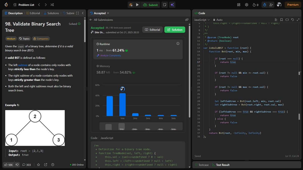 1amWaziR's tweet image. 🚀 Day 123 #200DaysOfDSA

Today I revised Binary Search Trees &amp;amp; validating BSTs using recursion + range constraints

Solved:
✔️ 98. Validate BST
Focus: recursion flow, top-down constraints, clean base cases

Big thanks to @akshaymarch7

#DSA #JavaScript #BST #ProblemSolving