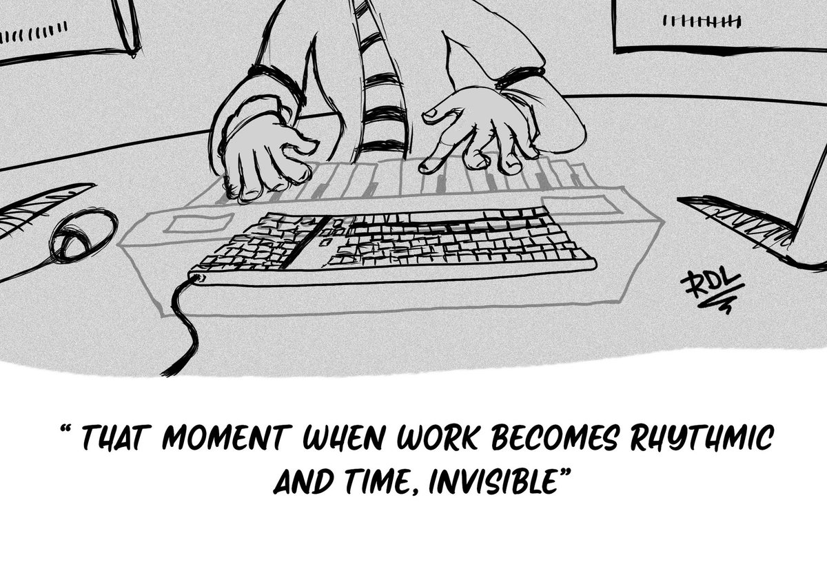 That moment when work finds its rhythm — and time disappears.”

#art #cartoon #illustration #rhythm #focus #flowstate #creativity #workmode #artistlife #timeless #riddlemations #doodles #marketing #characterdesign #conceptart #sketches #startups