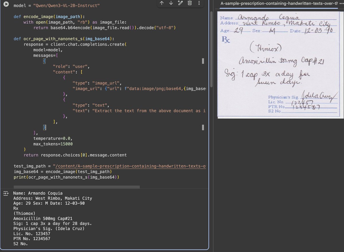 Qwen3-VL-2B, the smallest Vision model by <a href="/Alibaba_Qwen/">Qwen</a> performing great on doctor's hand writing!

for its size, DAMN! 🔥