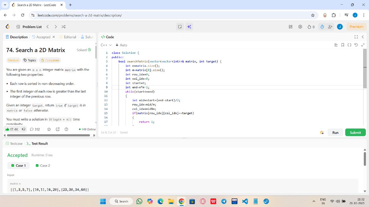JeetKumarD35856's tweet image. Just crushed some binary search problems in a 2D array thanks to the GOAT Rohit Negi bhaiya's awesome tutorials on CoderArmy's YouTube channel! 🐐💻 Feeling on top of my coding game! #Coding #BinarySearch #CoderArmy #Consistency