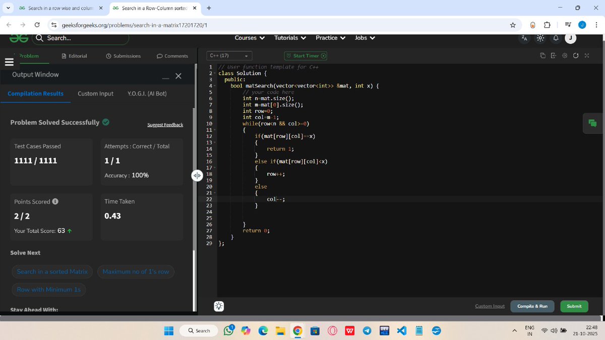 JeetKumarD35856's tweet image. Just crushed some binary search problems in a 2D array thanks to the GOAT Rohit Negi bhaiya's awesome tutorials on CoderArmy's YouTube channel! 🐐💻 Feeling on top of my coding game! #Coding #BinarySearch #CoderArmy #Consistency