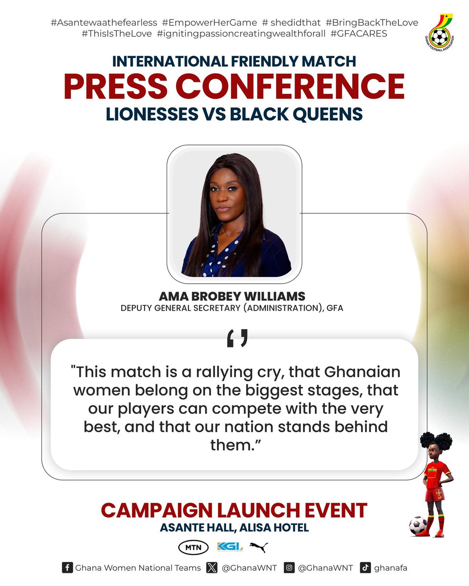 ama_brobey's tweet photo. Here are my key quotes from yesterday's press conference on our (Black Queens) upcoming match against England Lionesses and Building momentum for women's football in Ghana!  #ghana#Asantewaathefearless #EmpowerHerGame
#shedidthat
#BringBackTheLove
#GFA#FIFA#CAF
#Lionesses https://t.co/JwBz1CfouN
