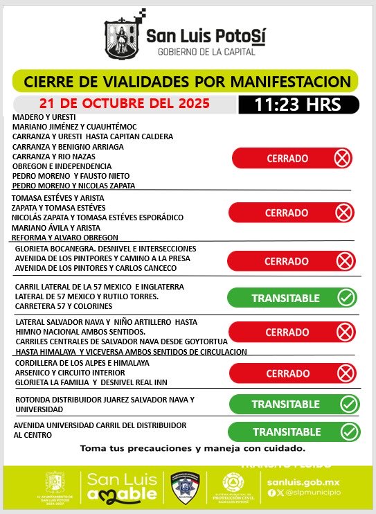 SSPCSLP's tweet image. ⚪️🔵 #ReporteVial 🚨#VialidadSLP 

⚠️Actualización

🚧⛔️Estudiantes realizan cierre de circulación en glorieta del Real Inn, en desnivel e incorporación hacia Cordillera de los Alpes

🚔Policía Vial refuerza despliegue en cuadrante poniente para orientar el tráfico, se mantienen…