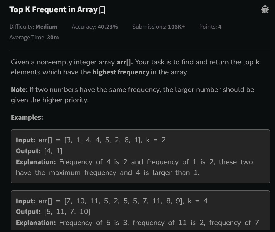 23GuptaSarthak's tweet image. 🗓 Day 67 / 101
#347 - Top K Frequent Elements 
-Count element frequency using unordered_map.
-Sort by frequency and value using a custom comparator
-Pick top K — great use of STL and logic building 💪  
✅ Time:O(n log n)  
✅ Space:O(n)  
#LeetCode #DSA #CPlusPlus #100Day