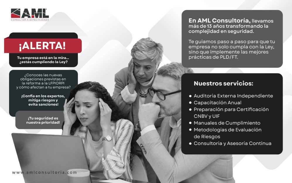 amlconsultoria's tweet image. ¡Atención, Actividades Vulnerables! 🚨

La reforma a la #LFPIORPI trae consigo nuevas obligaciones, ¡pero esto no es un obstáculo, es una oportunidad para proteger a tu empresa! 🛡️

👉 Contáctanos hoy mismo y comencemos a proteger tu empresa.

#AMLConsultoria #ActividadVulnerable