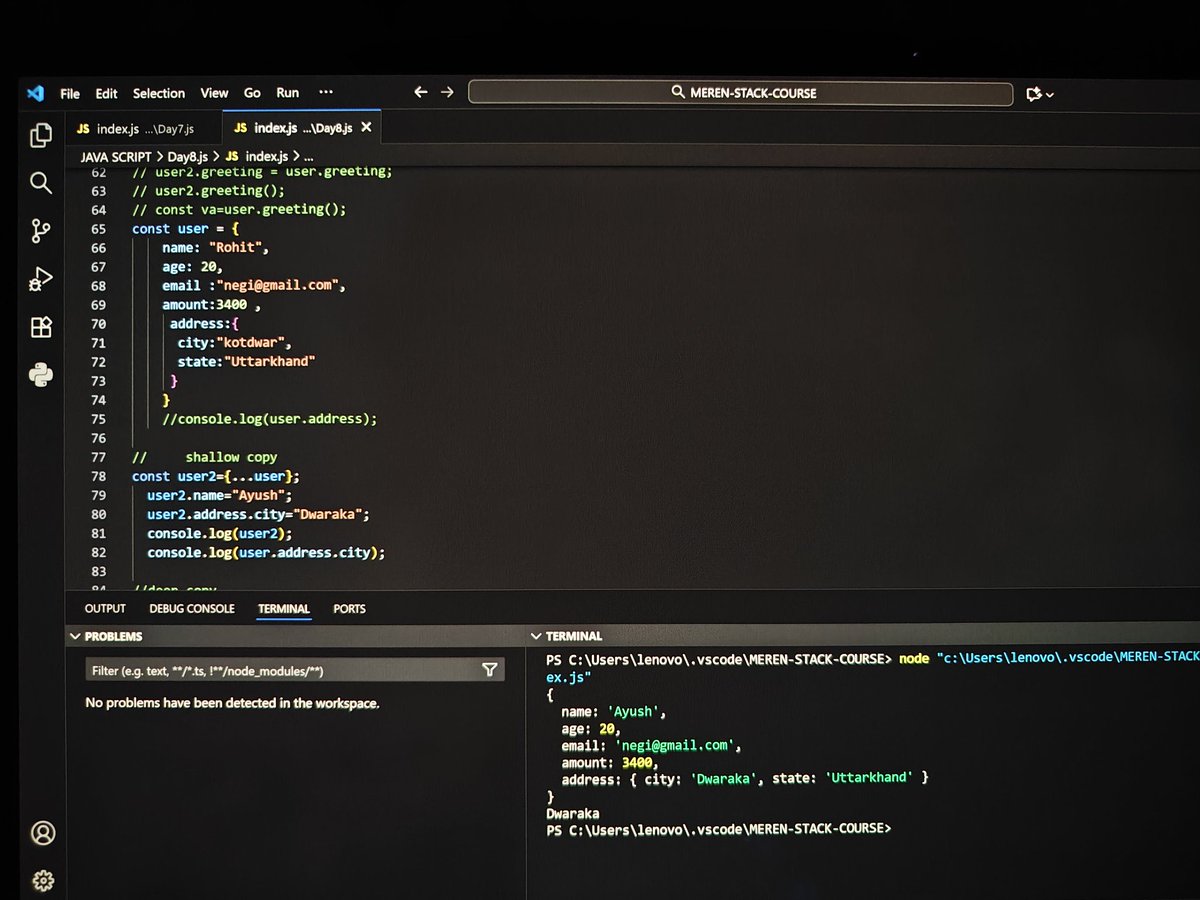 AyushKu43206243's tweet image. 🚀 Day 10 of #100DaysOfCode
Learned about Objects in JavaScript 💻

Explored how data is stored in key-value pairs &amp;amp; how to use object methods.
Thanks to @rohit_negi9(Coder Army) for the great session 🙌

#JavaScript #WebDev #CoderArmy #RohitNegi