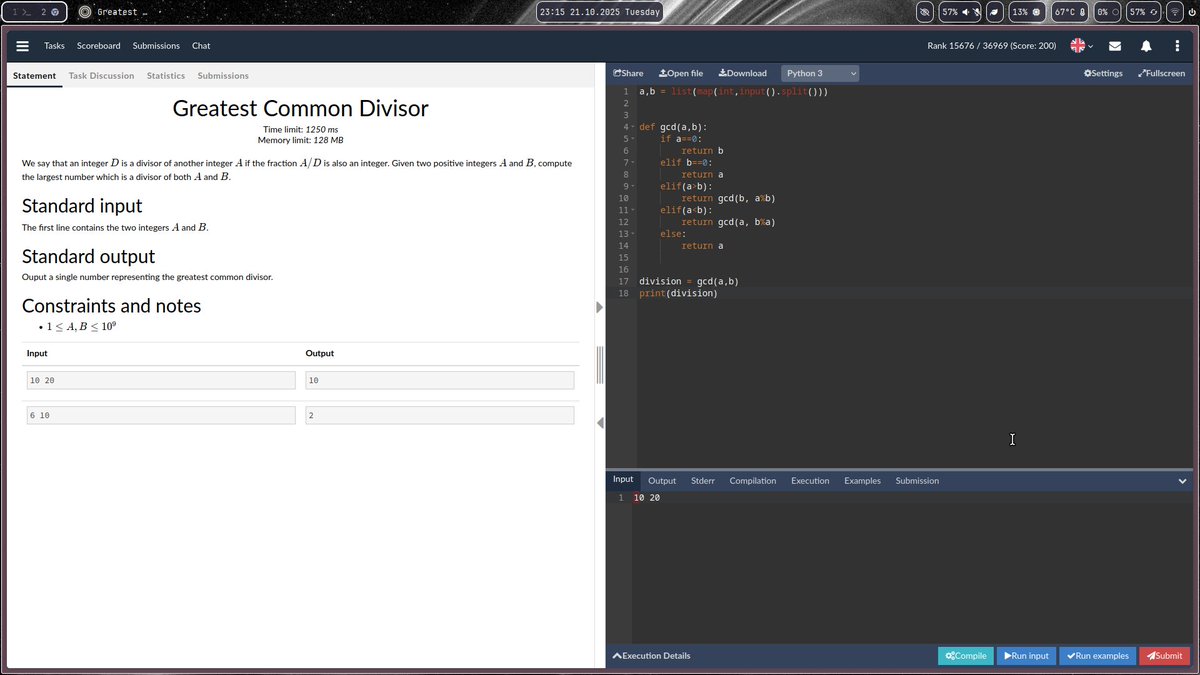 #LearningUtsav2025 #FestivalOfLearning #LUD24
<a href="/learning_utsav/">Learning Utsav</a>
Today, I didn't do much just practised some problems in csacademy:
-> GCD
-> Matrix Exploration(Solving)
