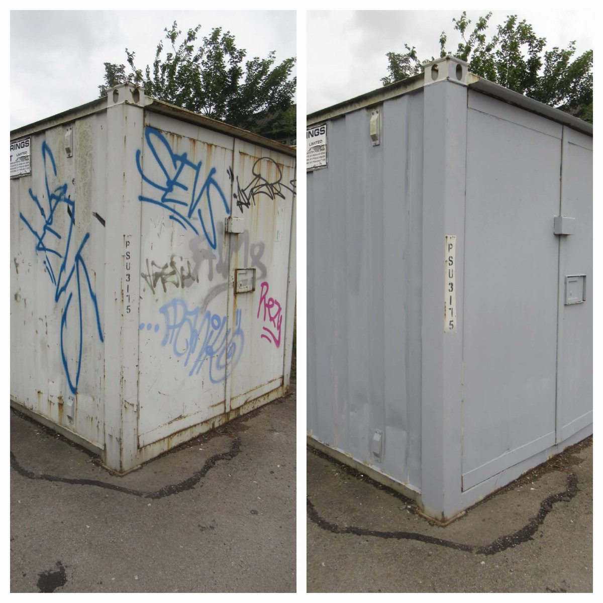 This cube container was placed here for park equipment but then too expensive to move, cheaper to leave here unused sadly. Tired of the scribble I painted it and it stayed clean.  Well worth doing