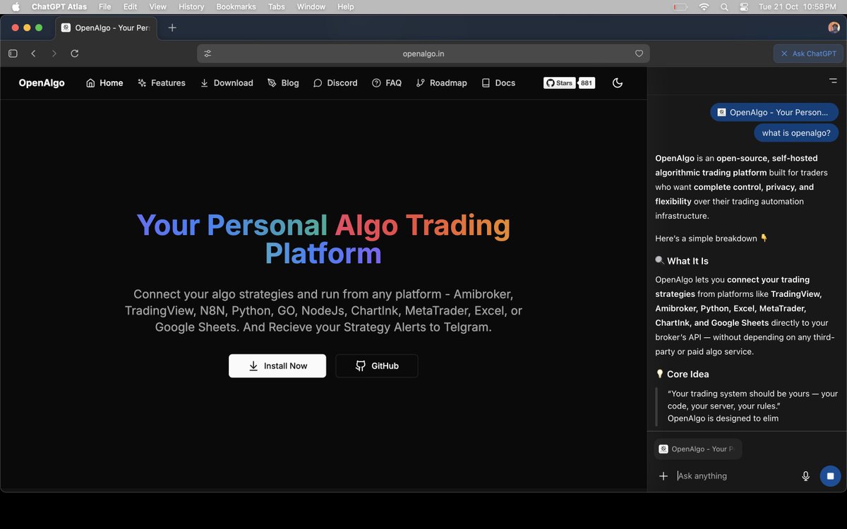 openalgoHQ's tweet image. OpenAlgo in the new AI Browser #Atlas #ChatGPT