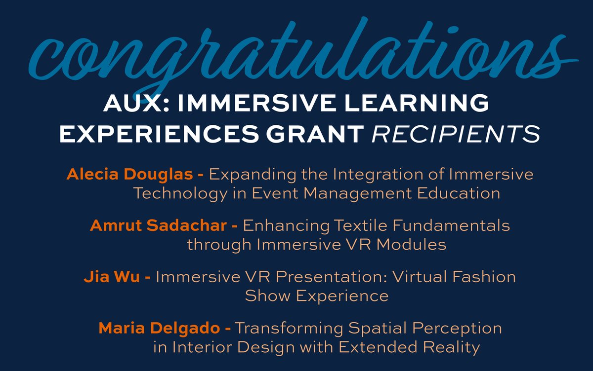 Congratulations to Dr. Alecia Douglas, Dr. Amrut Sadachar, Dr. Jia Wu and Dr. Maria Delgado for receiving AUX Immersive Learning Experiences Grants from the <a href="/AuburnU/">Auburn University</a> Biggio Center and the Office of Information Technology.

Read more about the grants here aub.ie/aux-grants