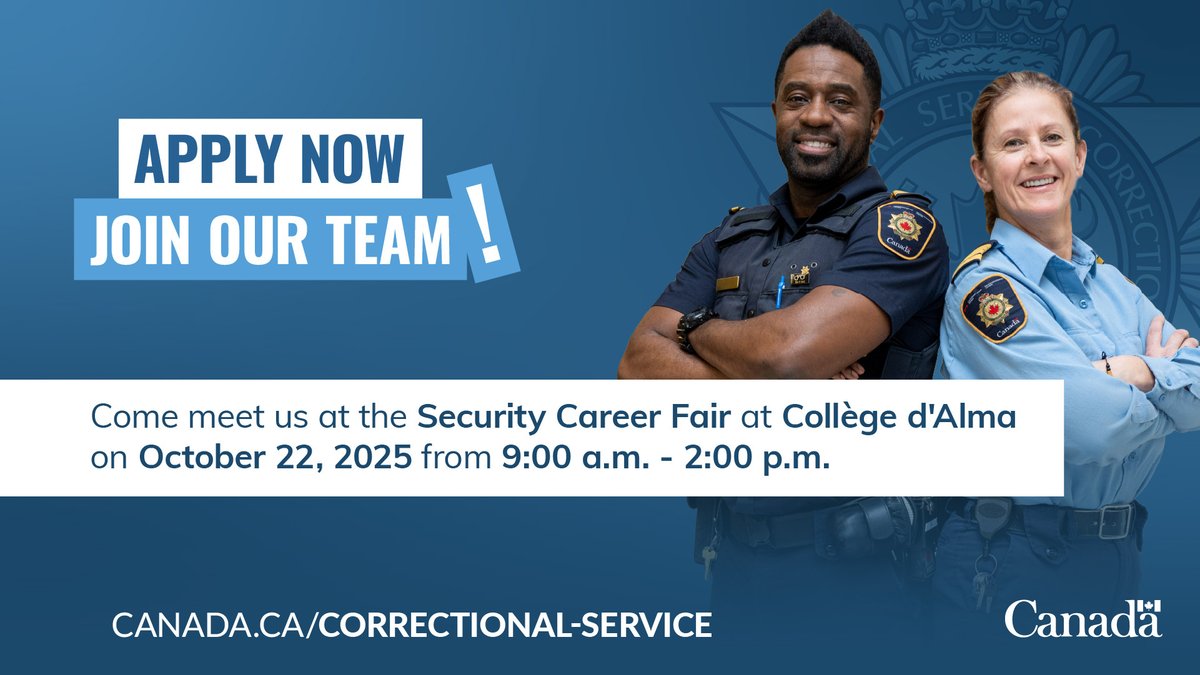 CSC_SCC_en's tweet image. 🎉We are hiring!
Come and meet us at the “Salon de l’emploi en sécurité” recruitment event at Collège d’Alma in Alma, Quebec.
Join our team of dedicated professionals who work hard every day and are proud to play an important role in public safety in Canada.
#CSCRecruiting