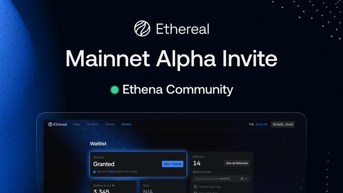 Ethena_Eco's tweet image. Got 25 Ethereal whitelist entries
Comment "Ethereal" if you want one
Just make sure you follow @ethena_eco & @etherealdex first so we can send it over