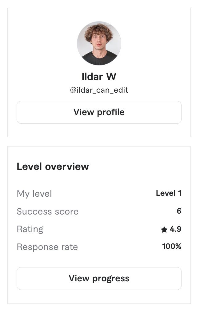 ildar_edit's tweet image. I've been working on @fiverr for a month now 🔗

LVL 2 is coming soon 🔜

If you're interested in how to start on Fiver, send me a DM 📩