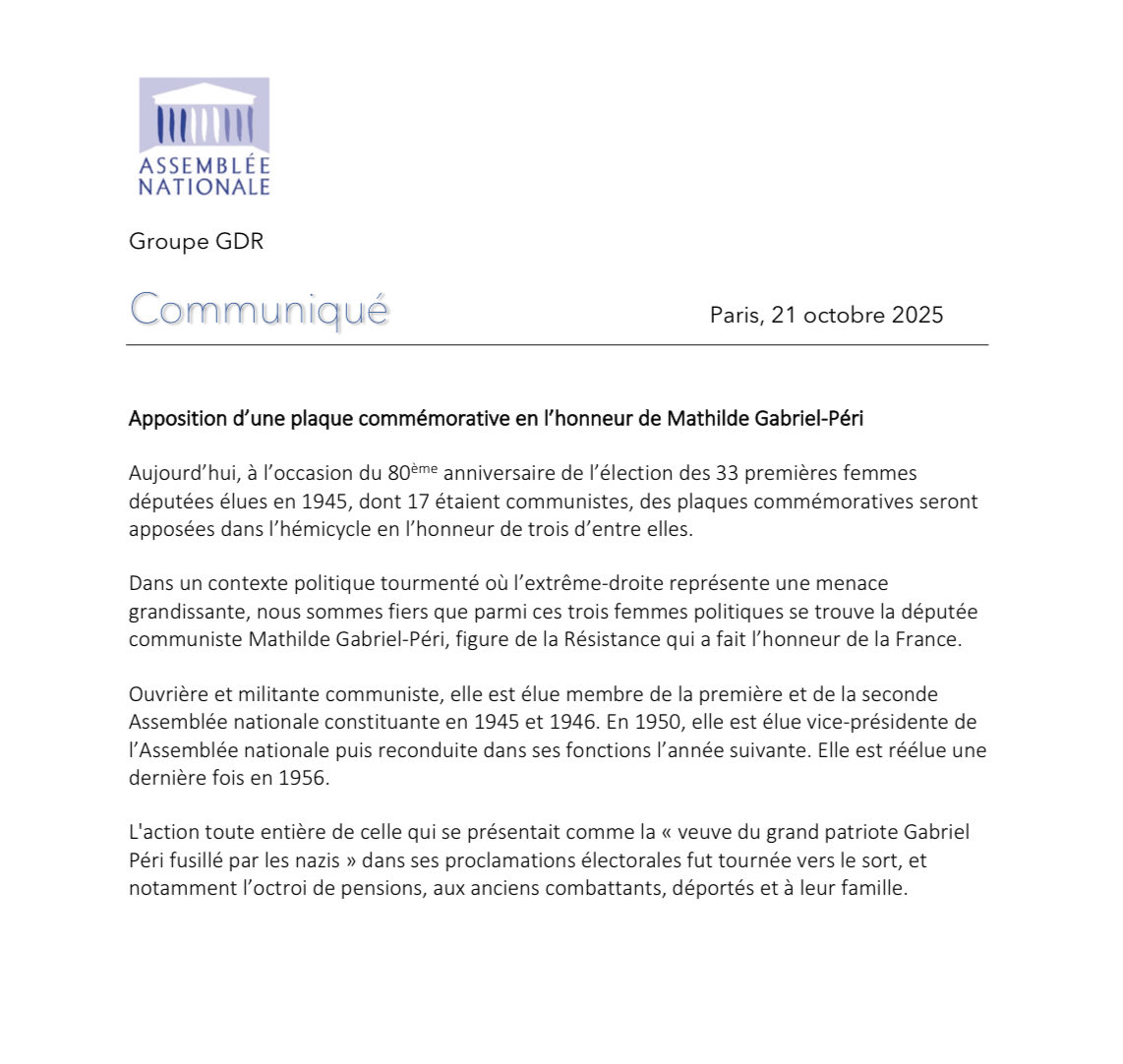 deputesPCF's tweet image. 80 ans après l’élection des 33 premières femmes députées, un hommage a été rendu à 3 d’entre elles dans l’hémicycle.

Fierté que parmi celles-ci figure la députée communiste Mathilde Gabriel-Péri qui fit l’honneur de la France. 

Notre communiqué ⤵️
