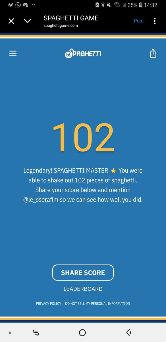 Lizziieeee's tweet image. DALE LOOCCCO
#spaghettigame 👑🍝 102 noodles
Legendary! SPAGHETTI MASTER 🌟
spaghettigame.com