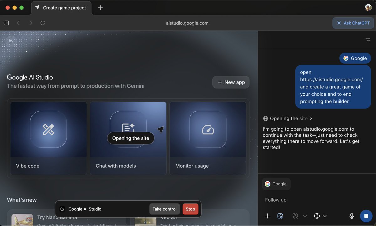 mehulmpt's tweet image. Asking ChatGPT Atlas to open Google Studio vibe app builder to create an AI app
OpenAI's AI is creating an AI app with Google's AI. Interesting times