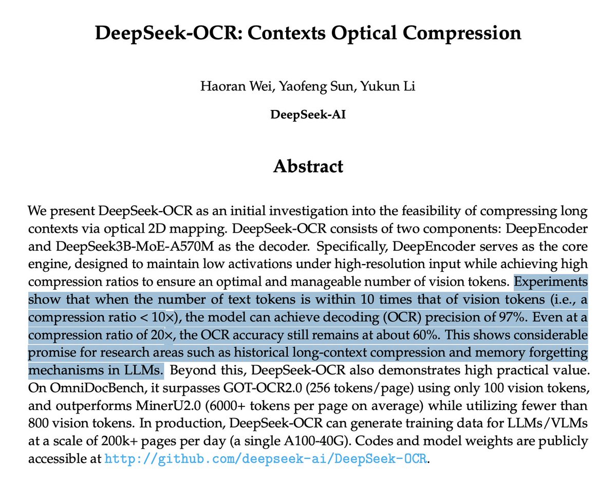 jeffreycider's tweet image. researcher: computer vision ends at tokenization
deepseek: say less