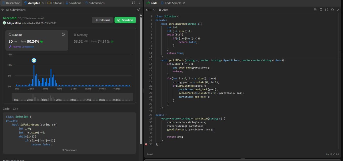 Aditya_Mittal_'s tweet image. Day - 66 of #100DaysOfCode solved: 
Problem: 131. Palindrome Partitioning on #leetcode