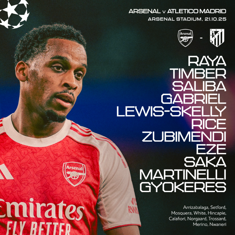 Arsenal's tweet photo. 🔴 𝗧𝗘𝗔𝗠𝙉𝙀𝙒𝙎 ⚪️

💪 Lewis-Skelly at the back
👊 Rice controlling in the middle
⚡️ Martinelli on the wing

Let’s pick up where we left off, Gunners.