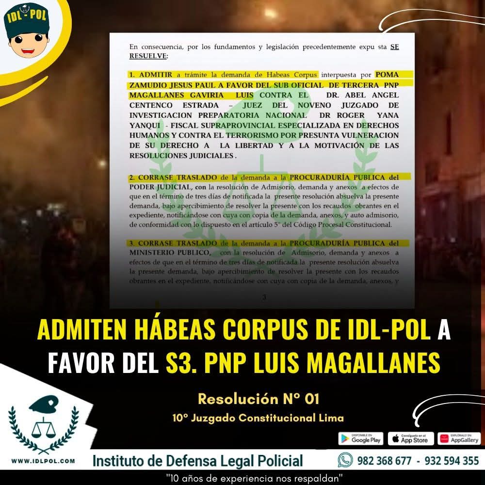 juank23_7's tweet image. #LoUltimo 🇵🇪
ADMITEN DEMANDA DE HÁBEAS CORPUS A FAVOR DEL S3. PNP LUIS MAGALLANES.

El Poder Judicial del Perú admitió la demanda de hábeas corpus presentada por el Instituto de Defensa Legal Policial a favor del Suboficial Policía Nacional del Perú Luis Magallanes.
