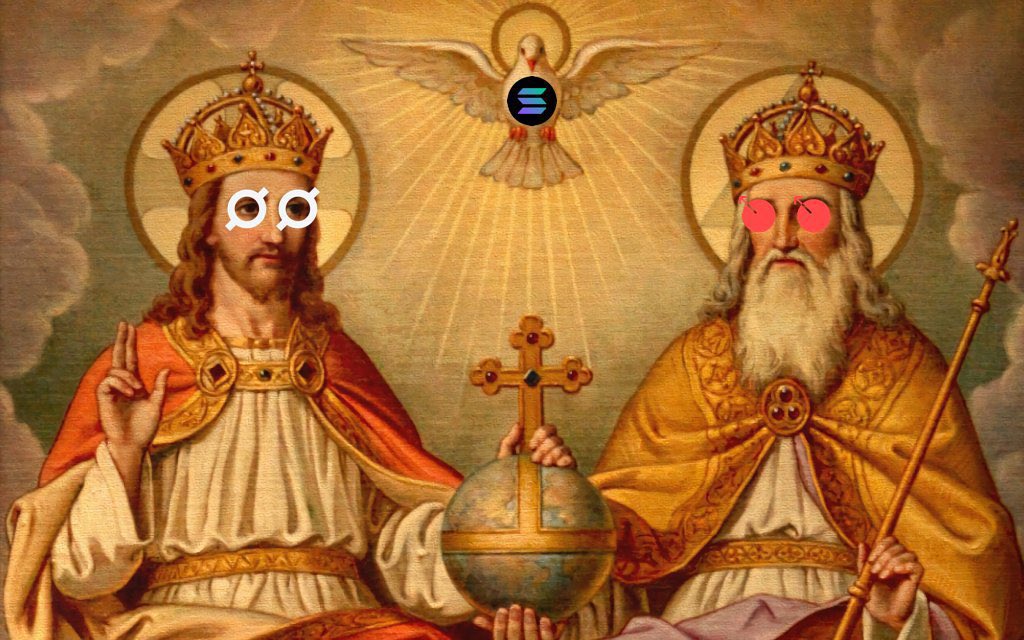 Solana 三位一体 meme，展示 SOL、META 和 ORE