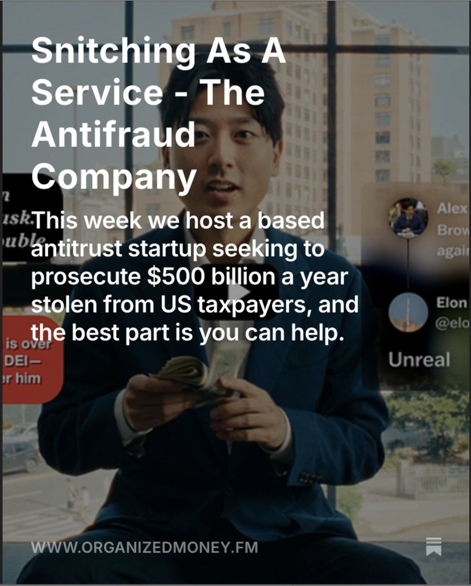 On our latest episode of Organized Money, we talked to the leaders of the Antifraud Company, who plan to use investigative reporting to find corporations ripping off the government, and fund it through winning government whistleblower awards.
organizedmoney.fm/p/snitching-as…