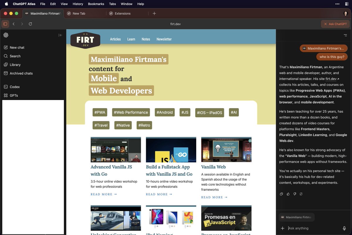 ChatGPT presentó Atlas, su nuevo navegador web basado en Chromium (similar a Chrome). Ya disponible hoy para usuarios de macOS; requiere una cuenta de ChatGPT aunque sea gratuita.

Tiene dos paneles laterales opcionales, uno es el clásico de ChatGPT con tu historial de chat y el